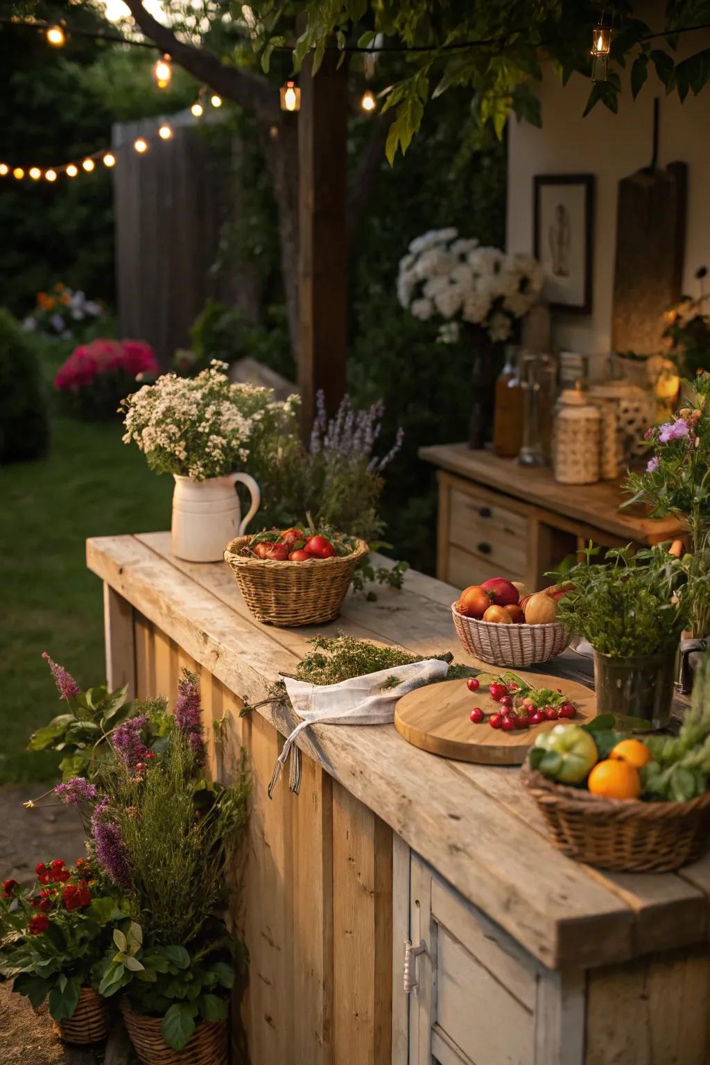 Reclaimed wood countertops bring warmth and personality to any outdoor kitchen.