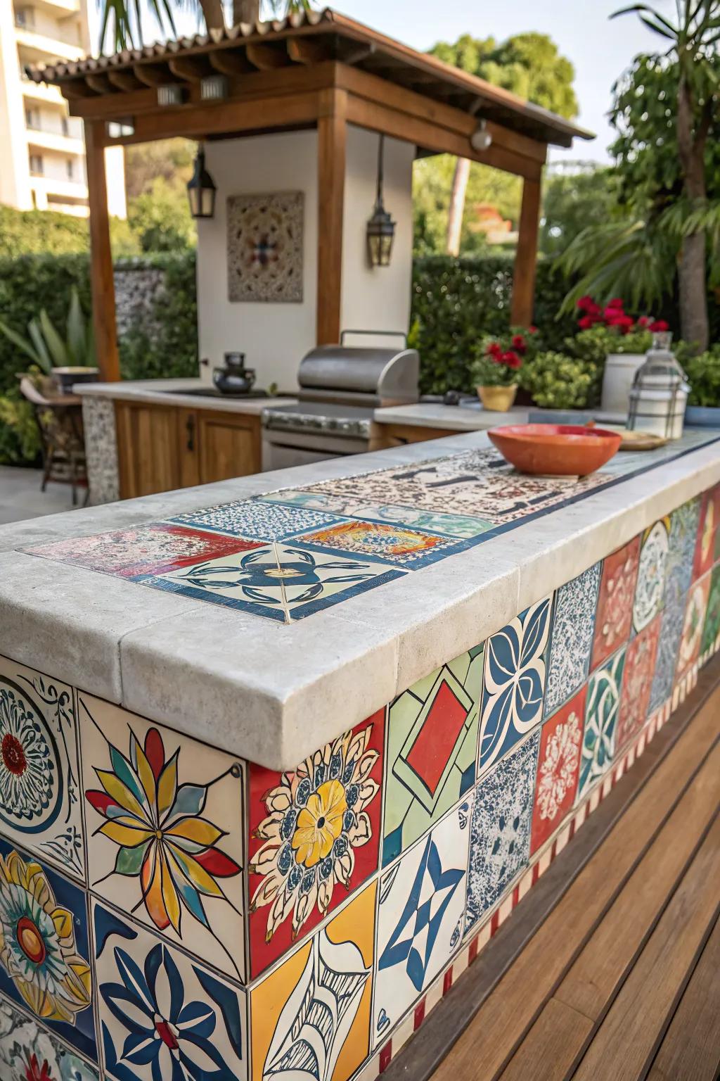 Vibrant tile countertops can brighten up any outdoor kitchen.
