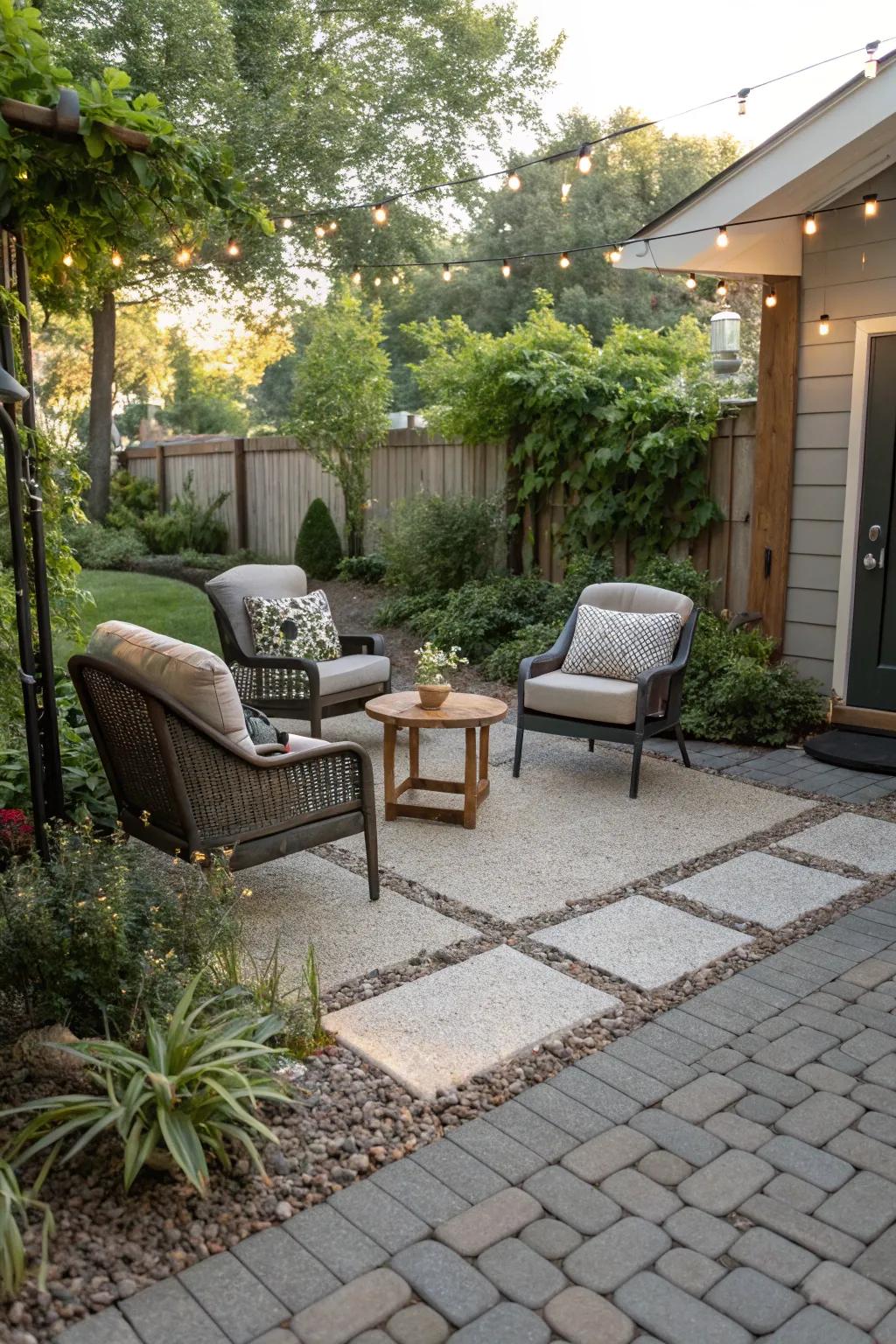 Pea gravel and pavers create a harmonious blend of textures.