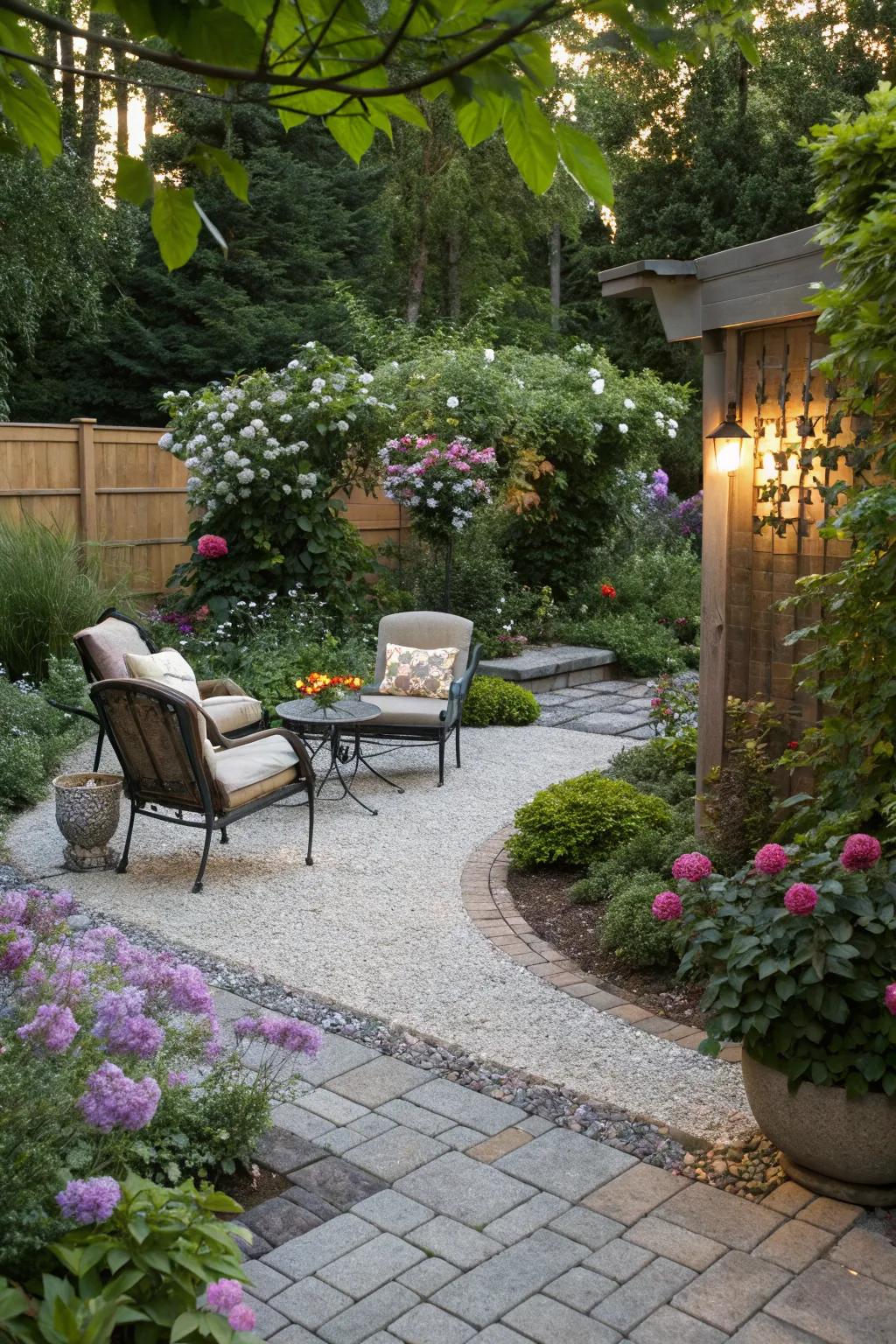 Pea gravel and pavers create a delightful and affordable patio.