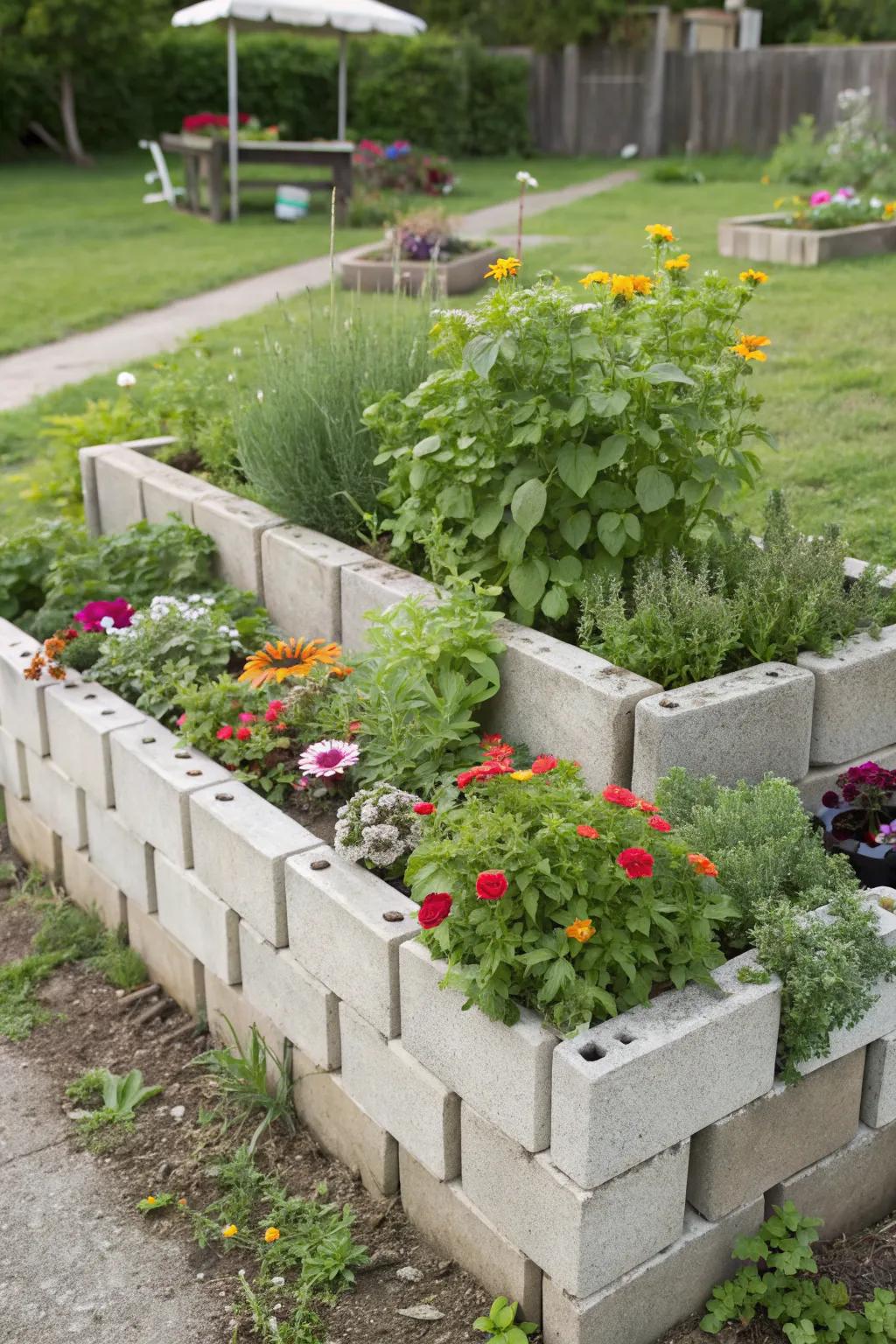 Cinder blocks offer a simple yet effective raised garden bed solution.