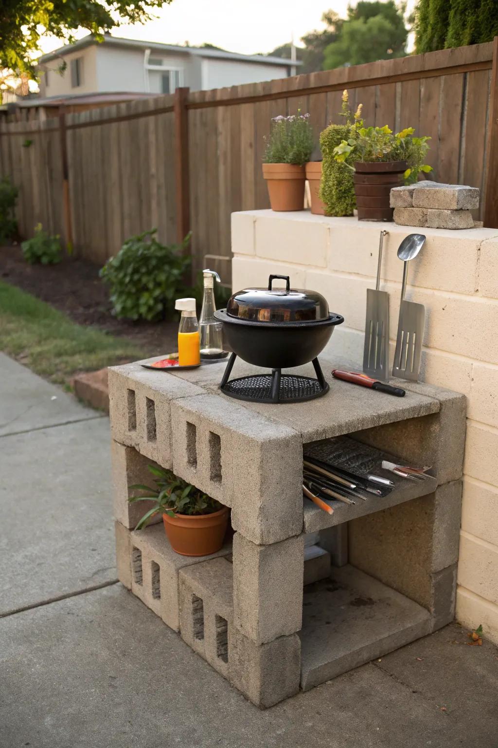 A simple yet effective grill station made with cinder blocks.