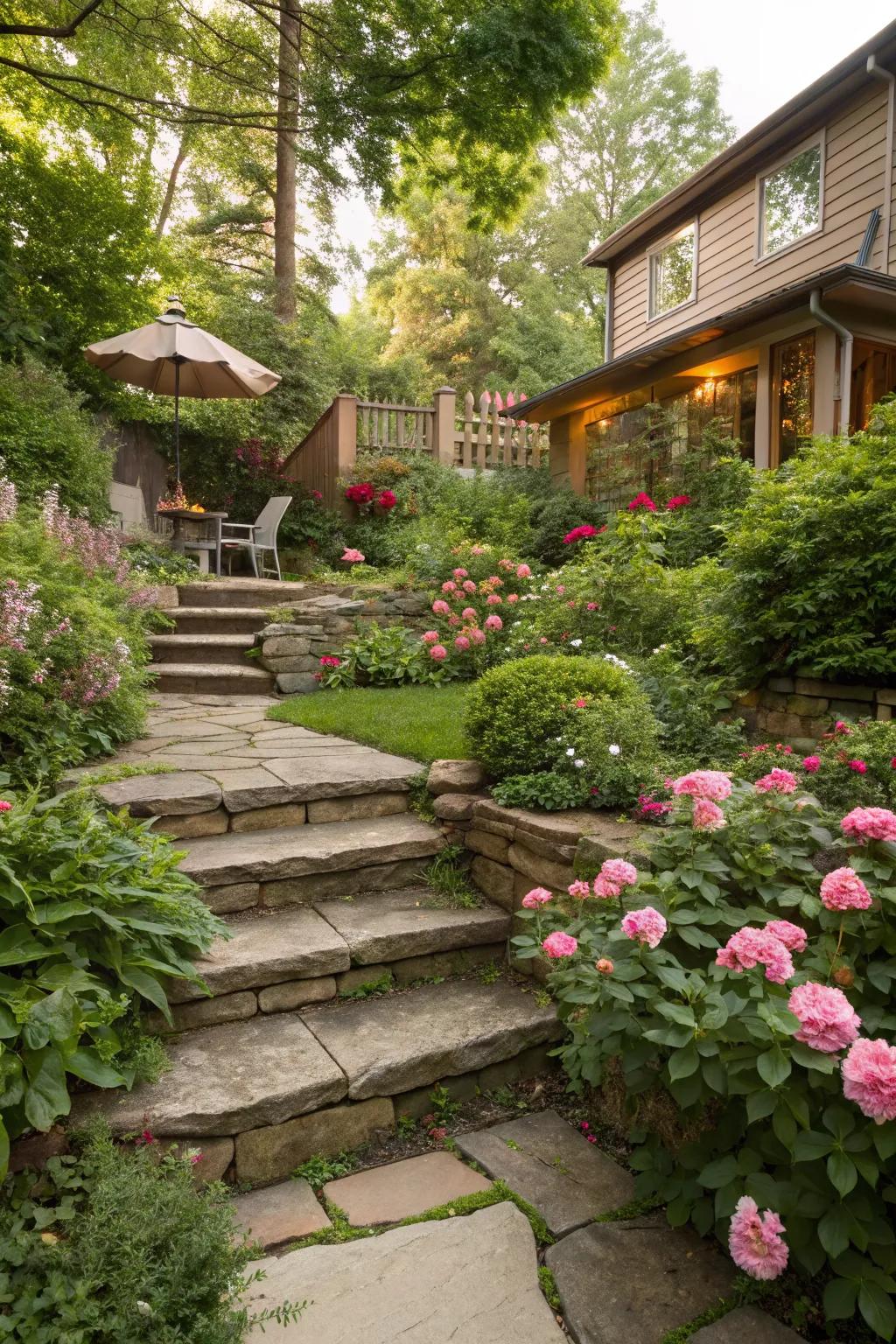 Natural stone steps add elegance and functionality to tiered gardens.