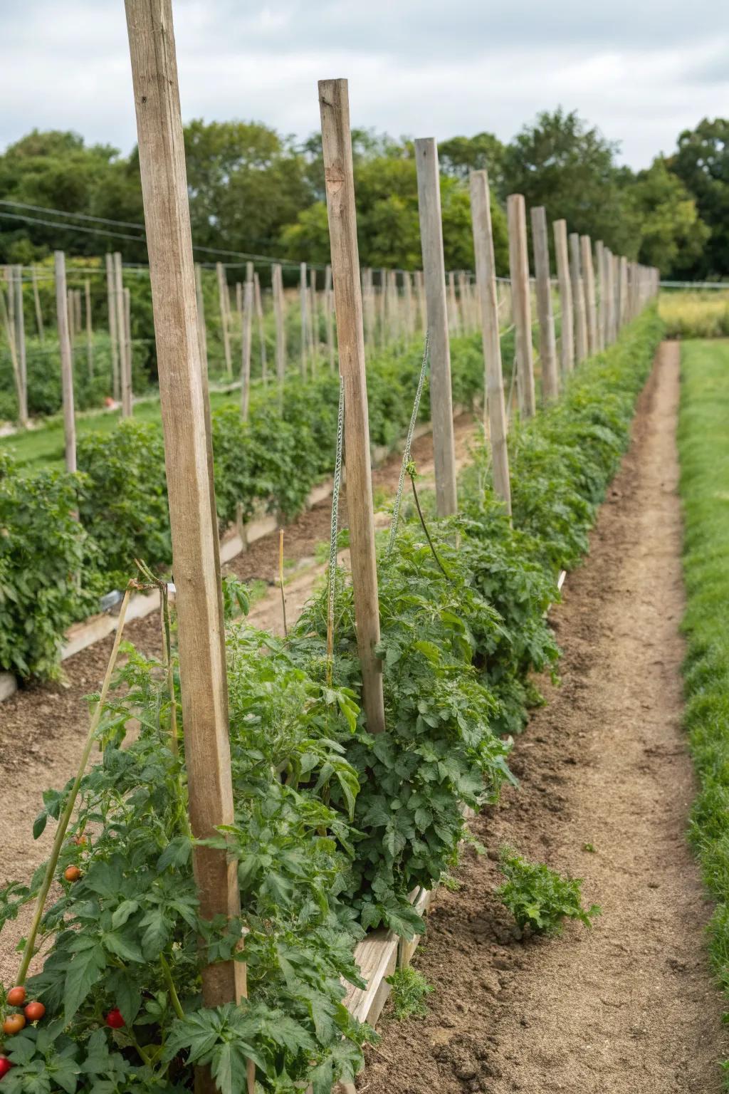 Cherry tomato plants standing tall with the help of simple T-posts.