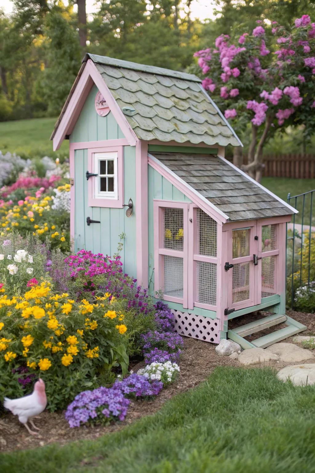 A decorative coop adds charm and style to your garden.