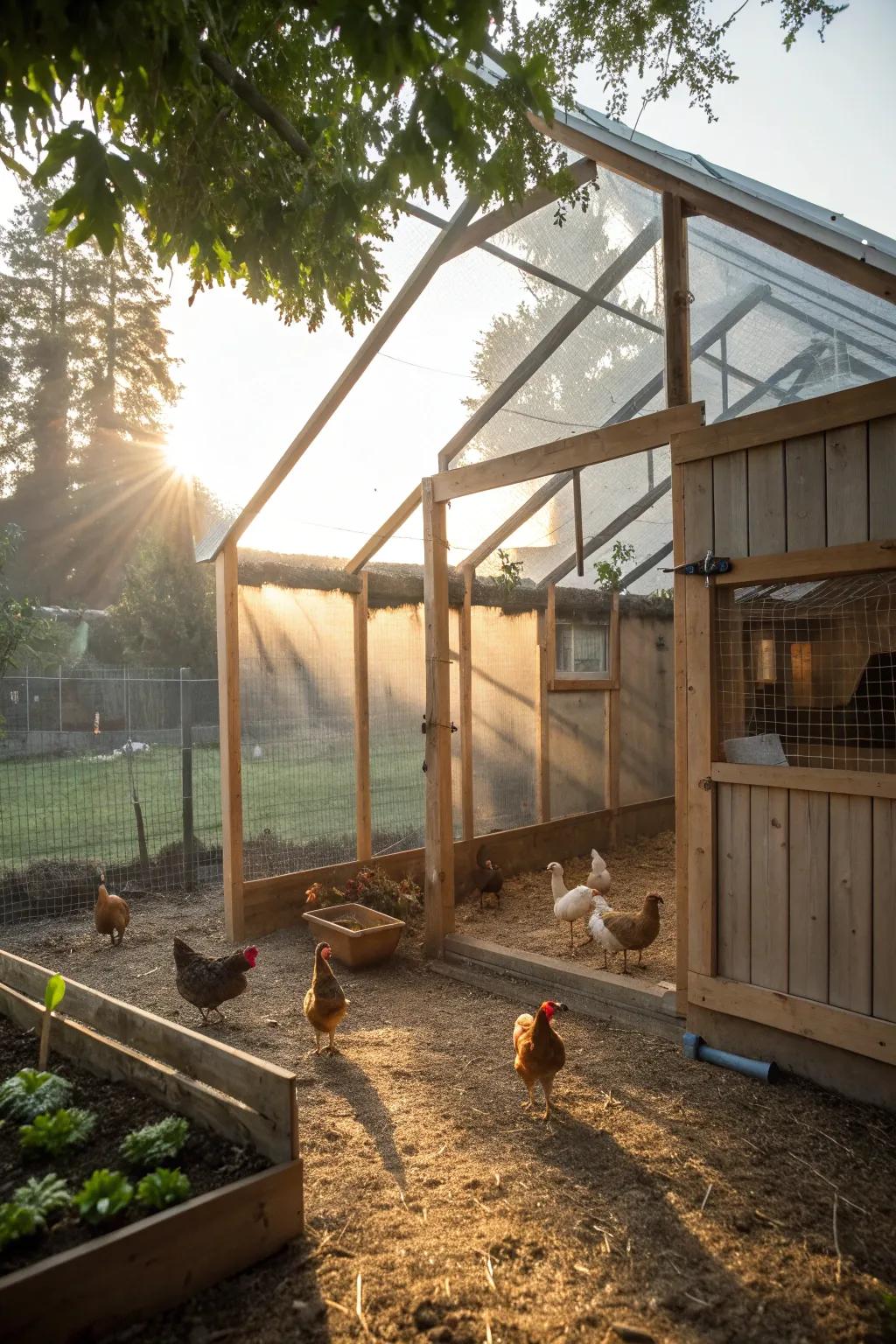 Sunlight streaming through a clear roof, illuminating the coop.