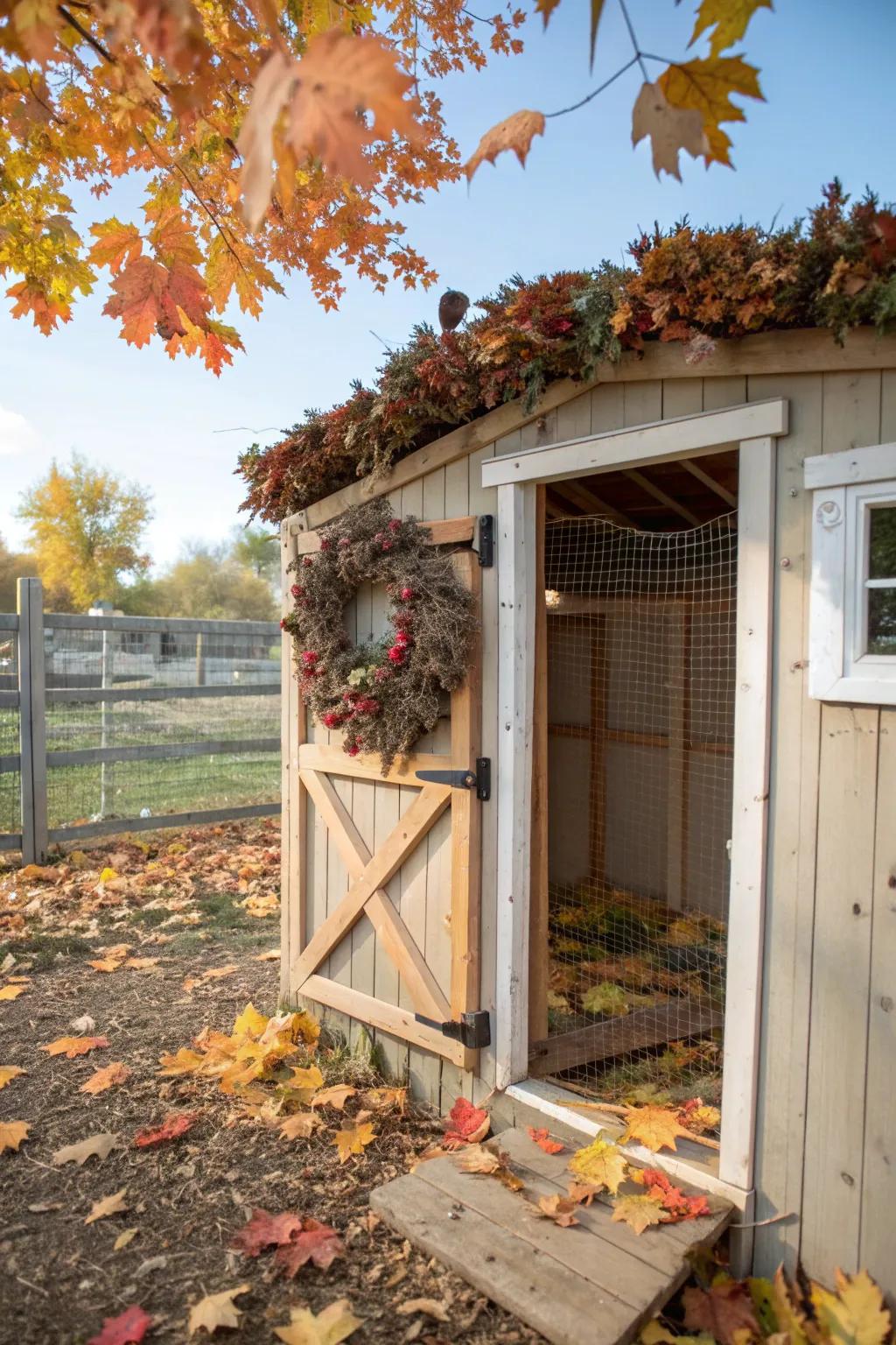 A seasonal wreath brightens up the chicken coop entrance.