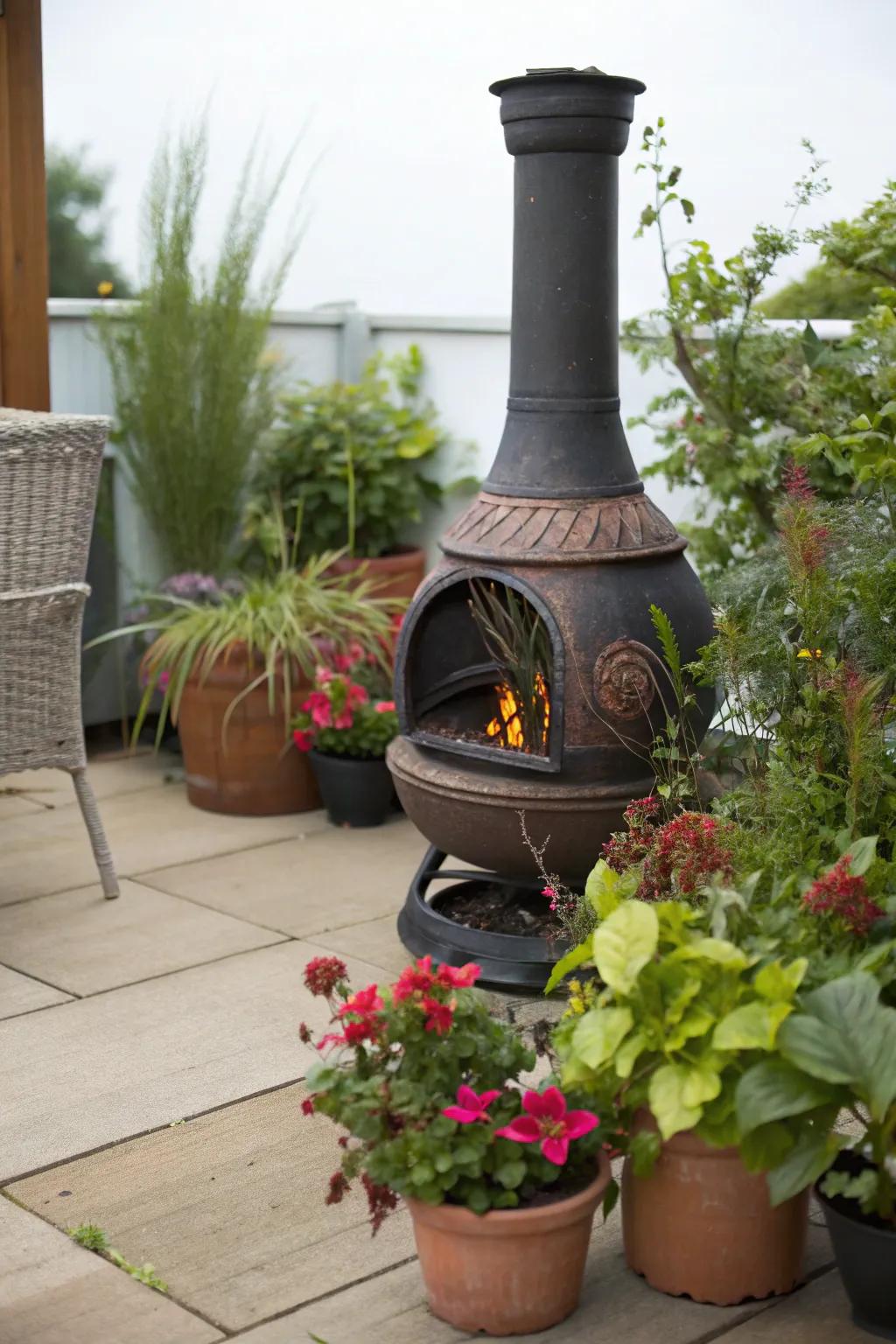 Enhance natural beauty with potted plants around your chiminea.