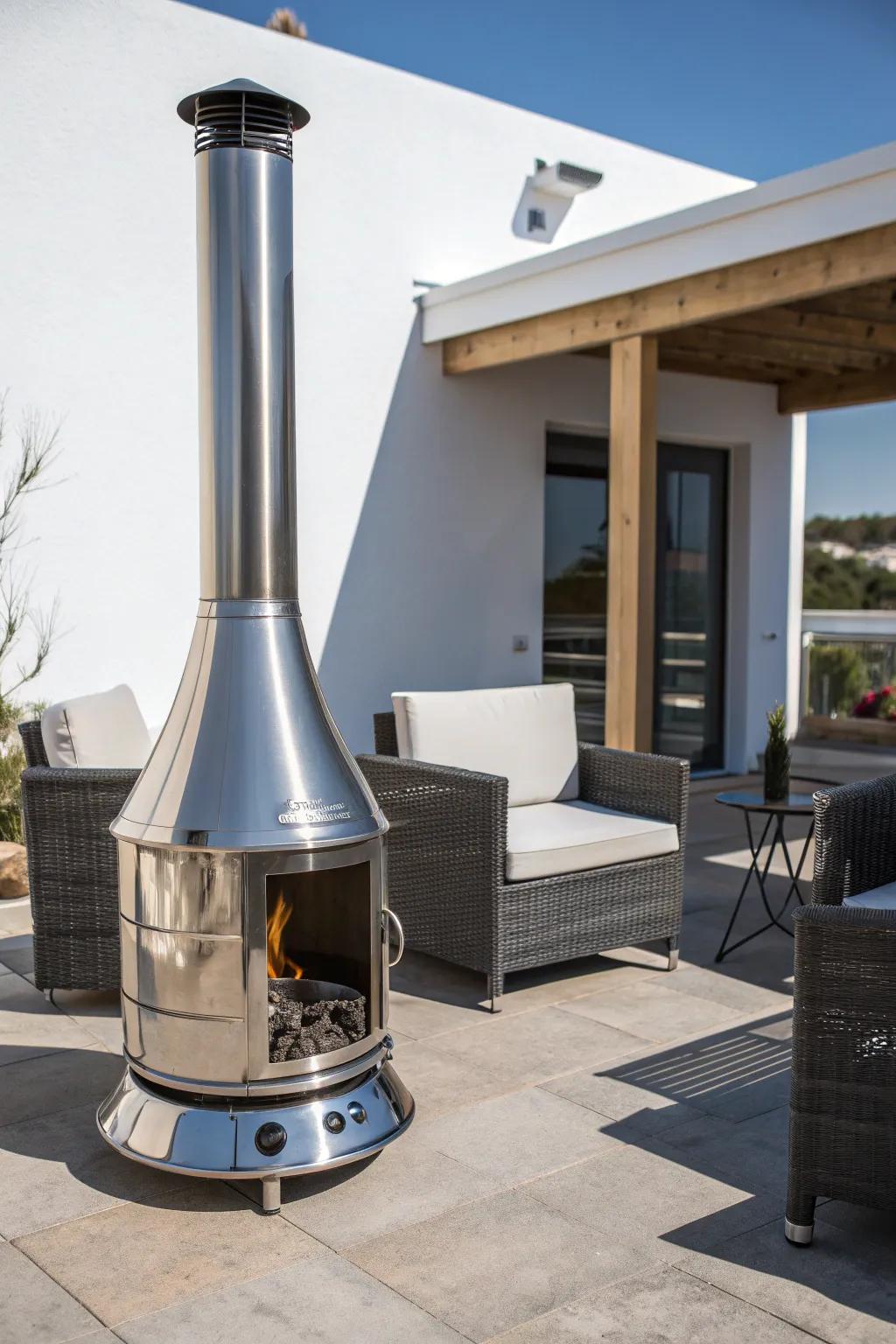 A modern metal chiminea for the chic outdoor enthusiast.