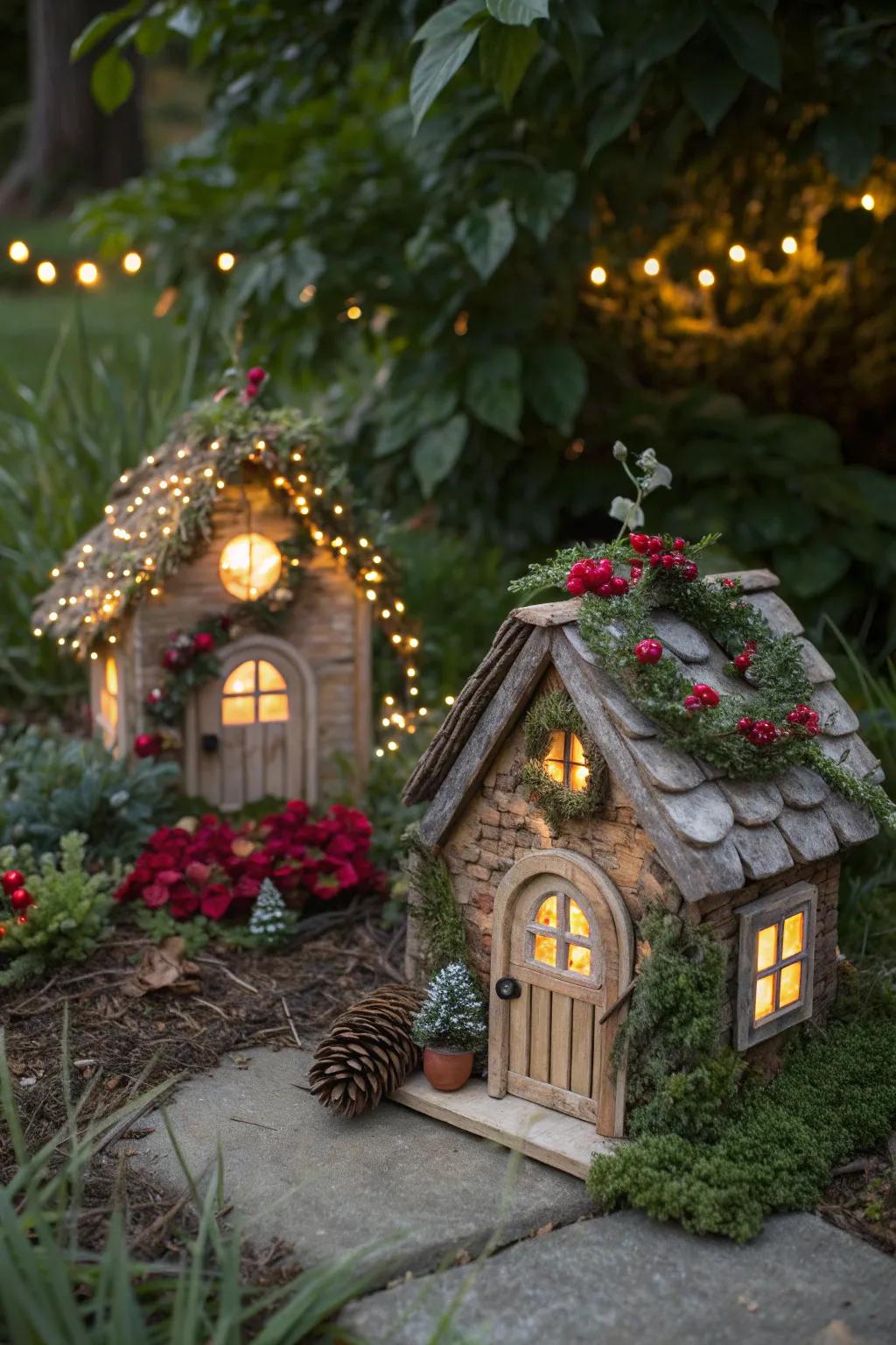Tiny fairy houses dressed for the holidays create a magical vibe.
