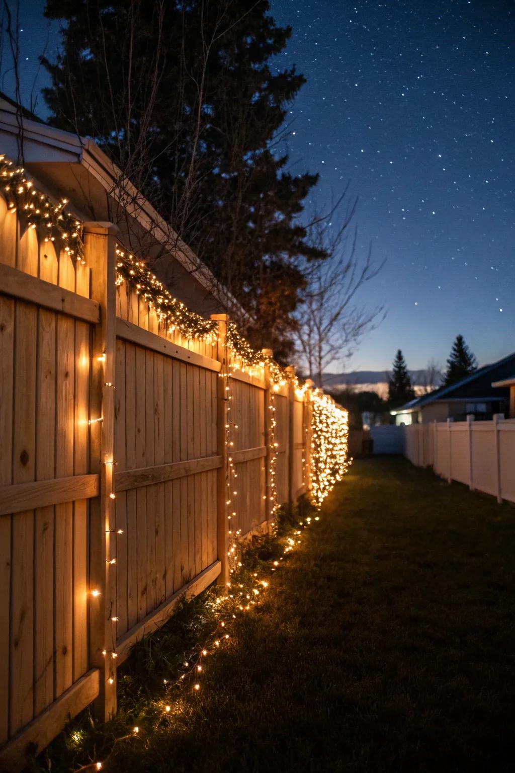 String lights wrap around the fence, creating a magical nighttime display.