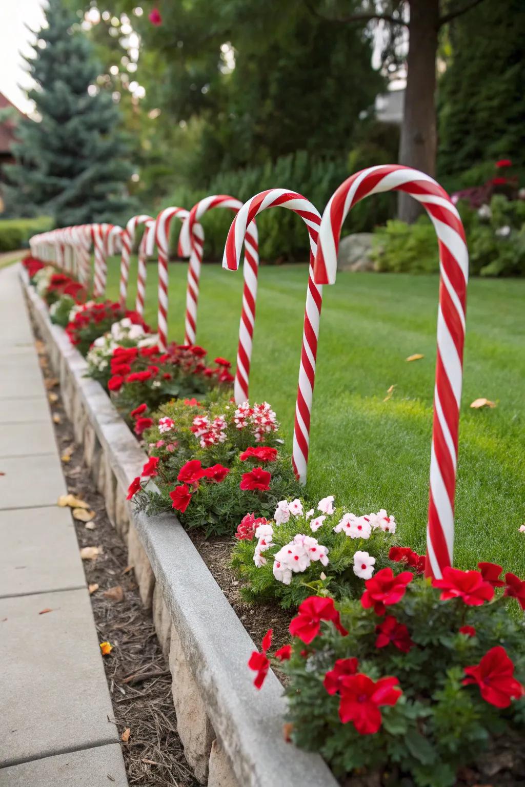 Playful candy cane decorations bring festive cheer to a garden bed.