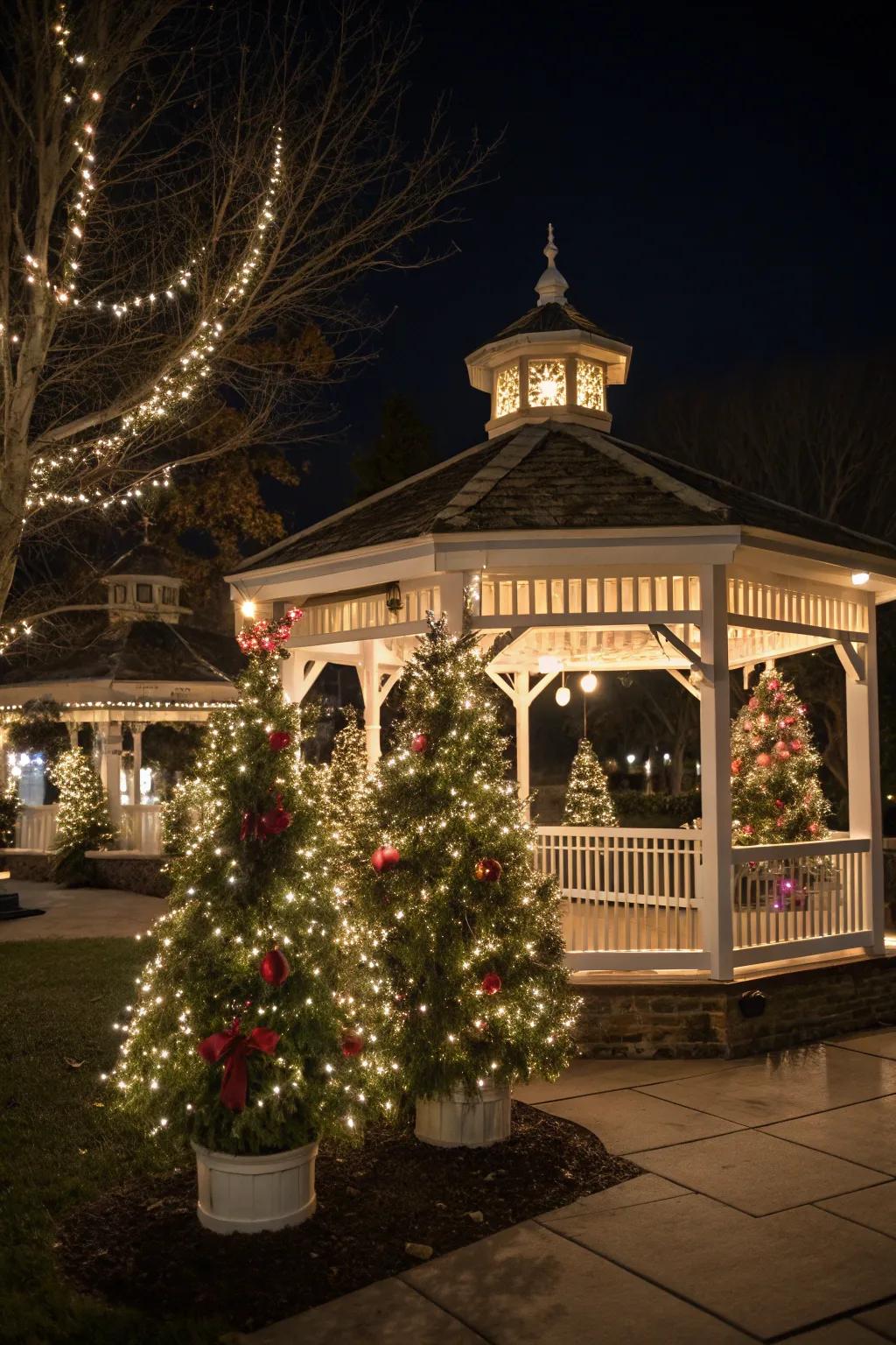 Miniature Christmas trees bring the holiday spirit to your gazebo.