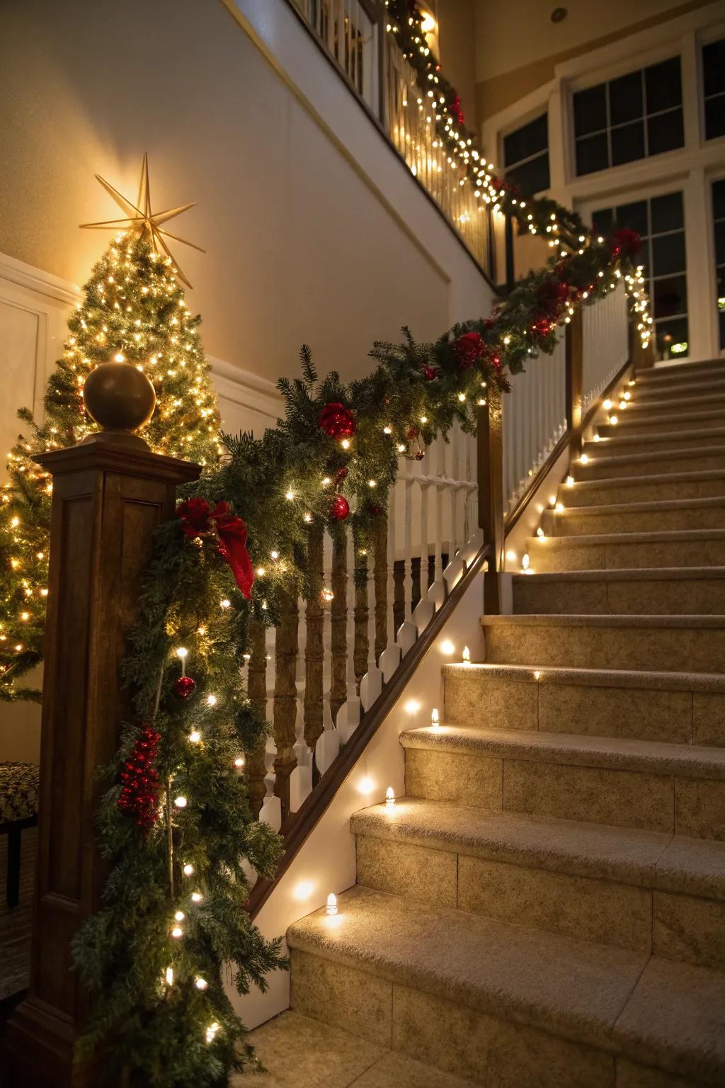 A staircase dressed in festive garlands