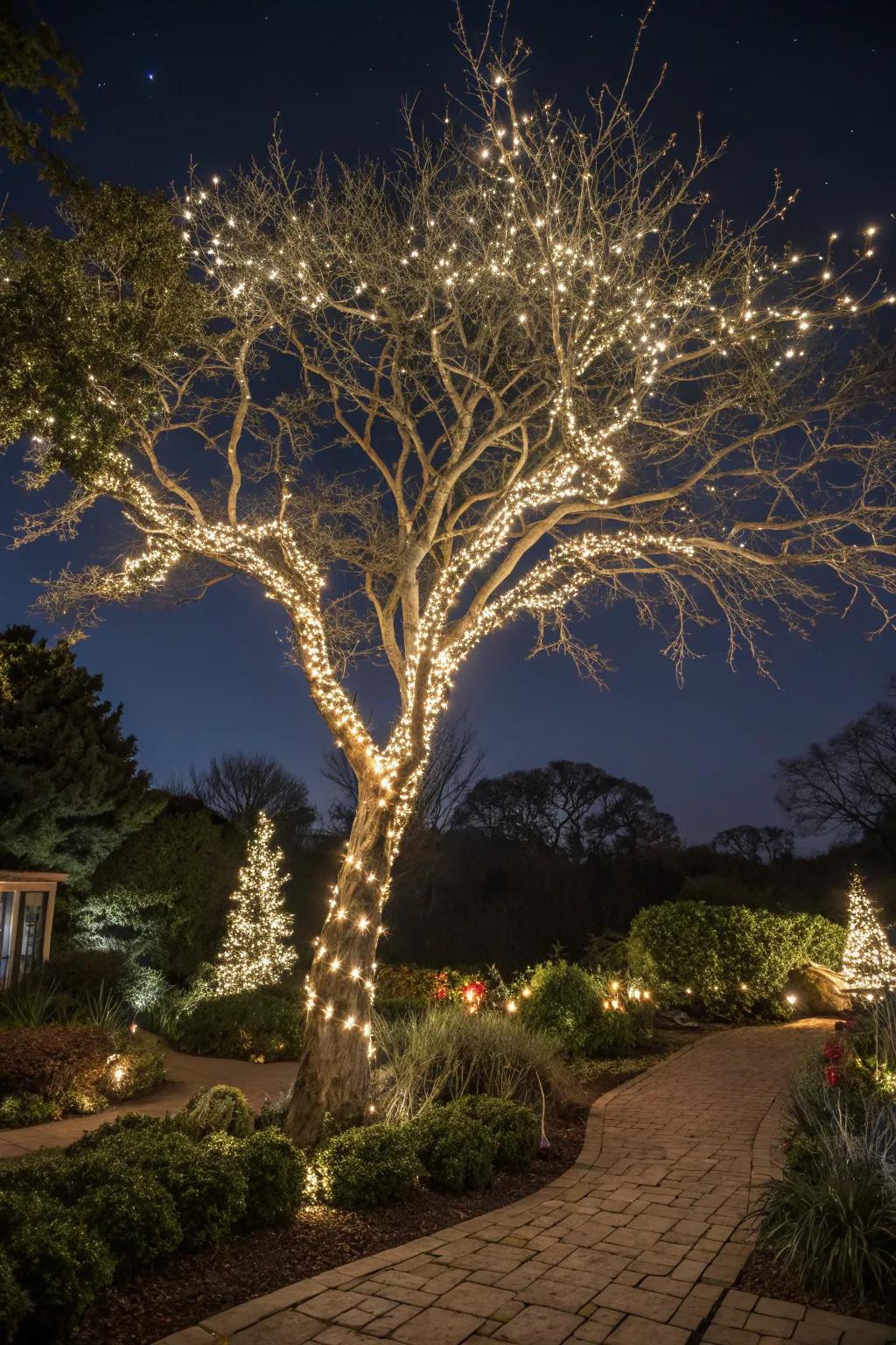 A tree wrapped in twinkling lights, creating a starry effect.