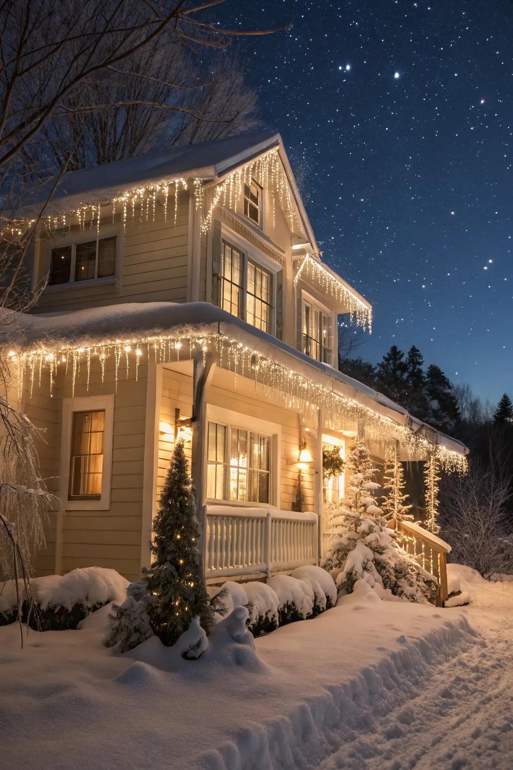 Icicle lights adding an elegant, wintery touch to a beautifully decorated home.
