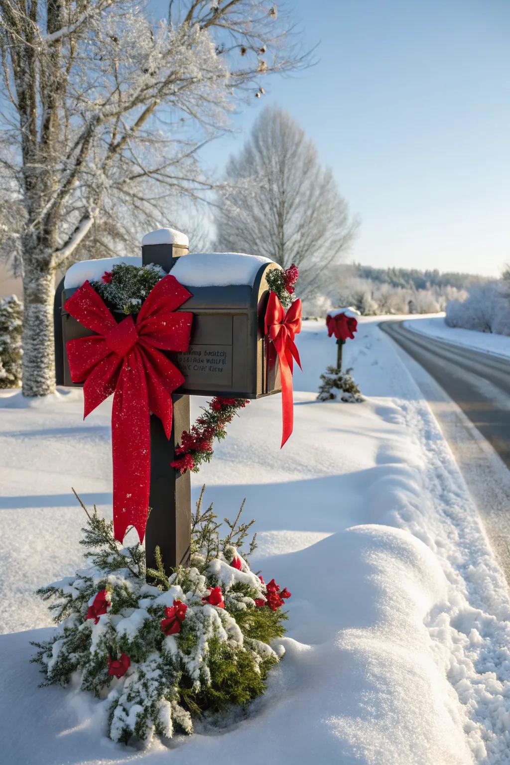 Red bows bring a bright and cheerful touch to your mailbox decor.