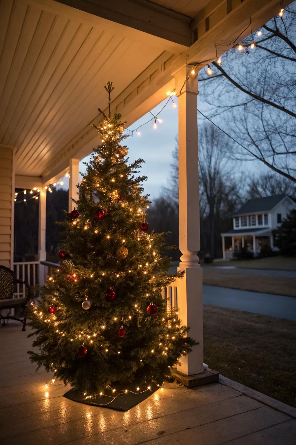 String lights add a magical glow to your porch Christmas tree.