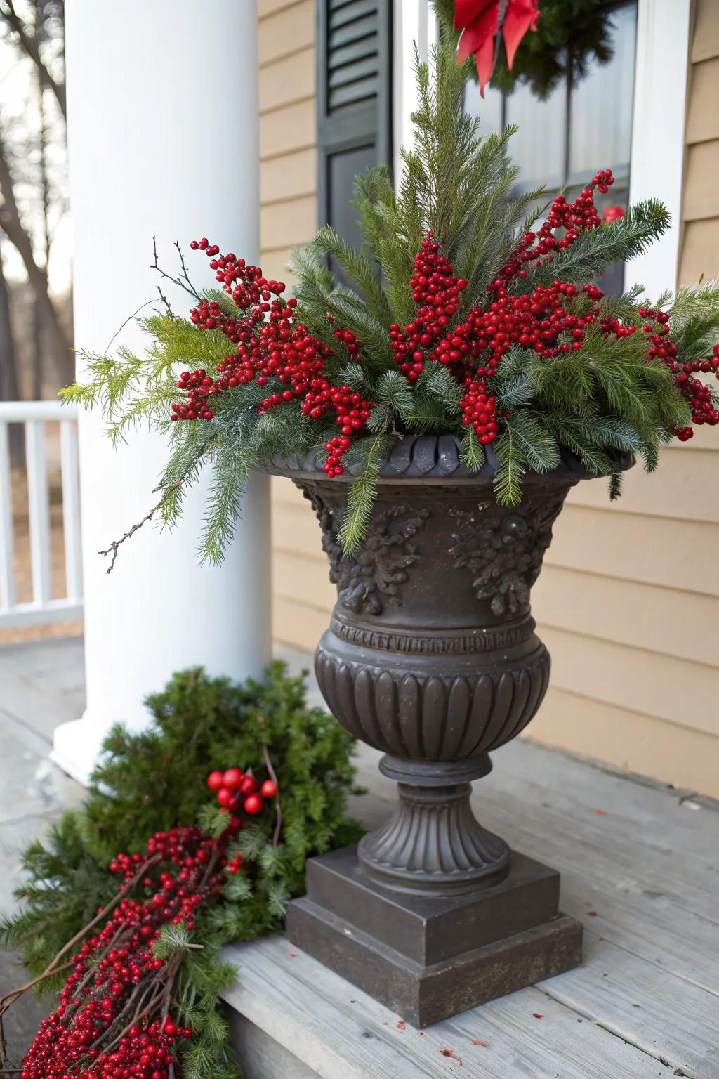 Bright red berries add a joyful pop of color.
