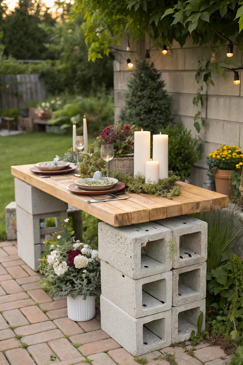 A unique outdoor table made from cinder blocks adds character to any deck.