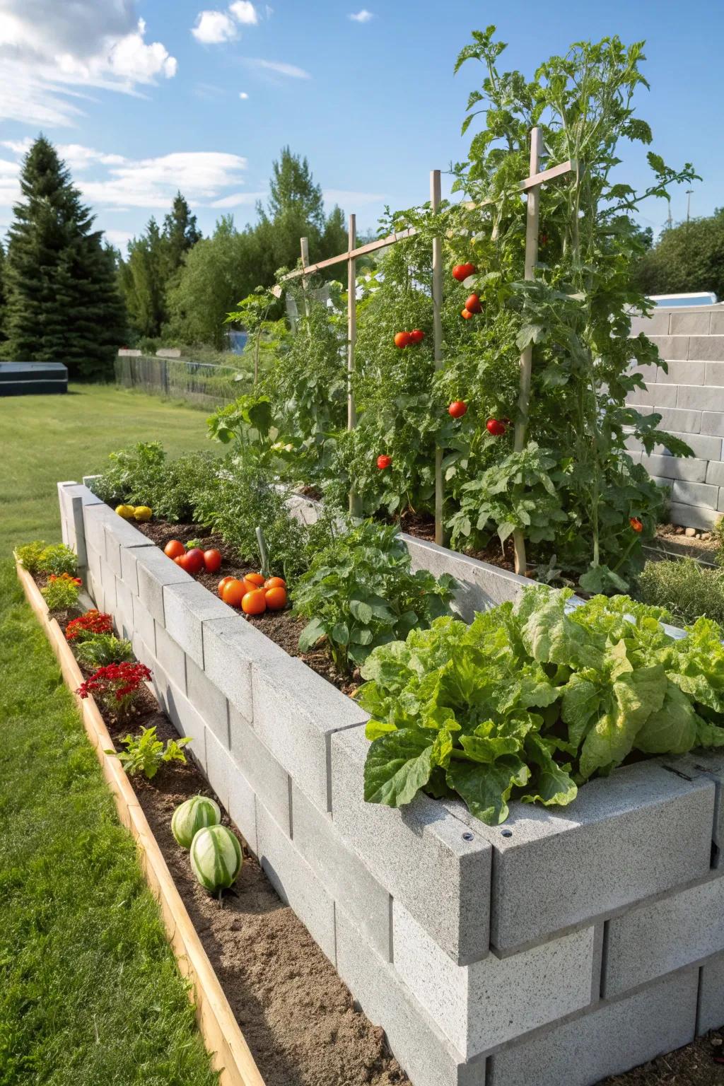 Raised garden beds made from cinder blocks offer structure and ease.