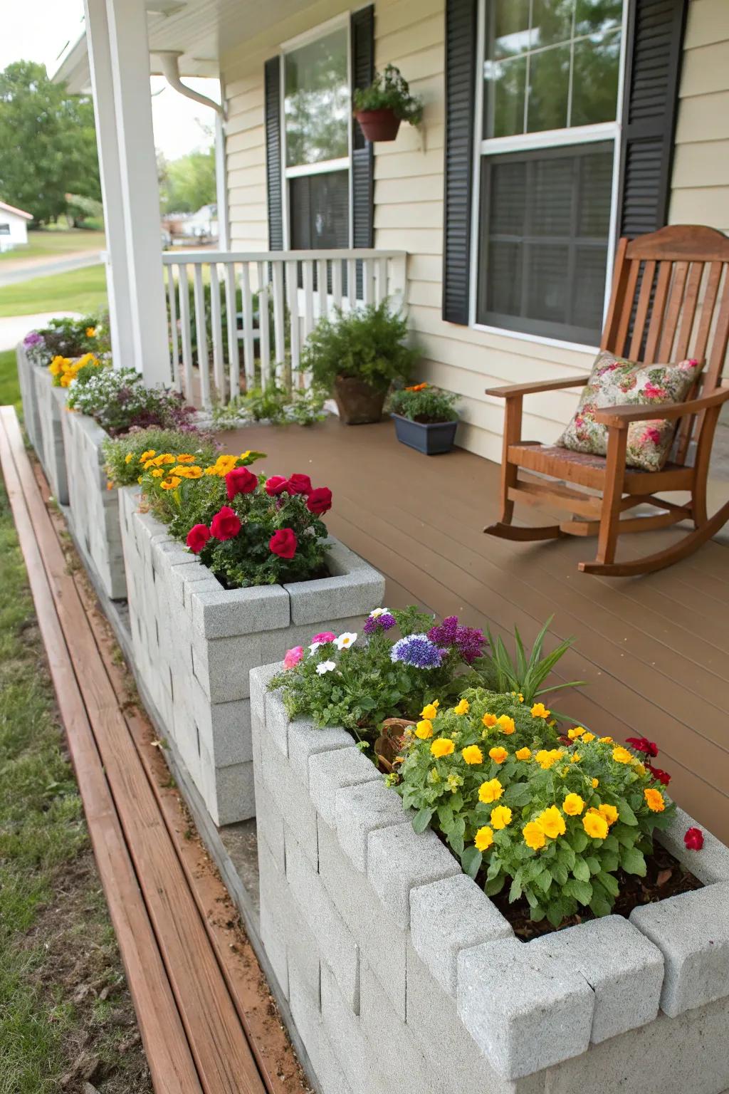 Vibrant flowers in cinder block planters brighten up the porch.