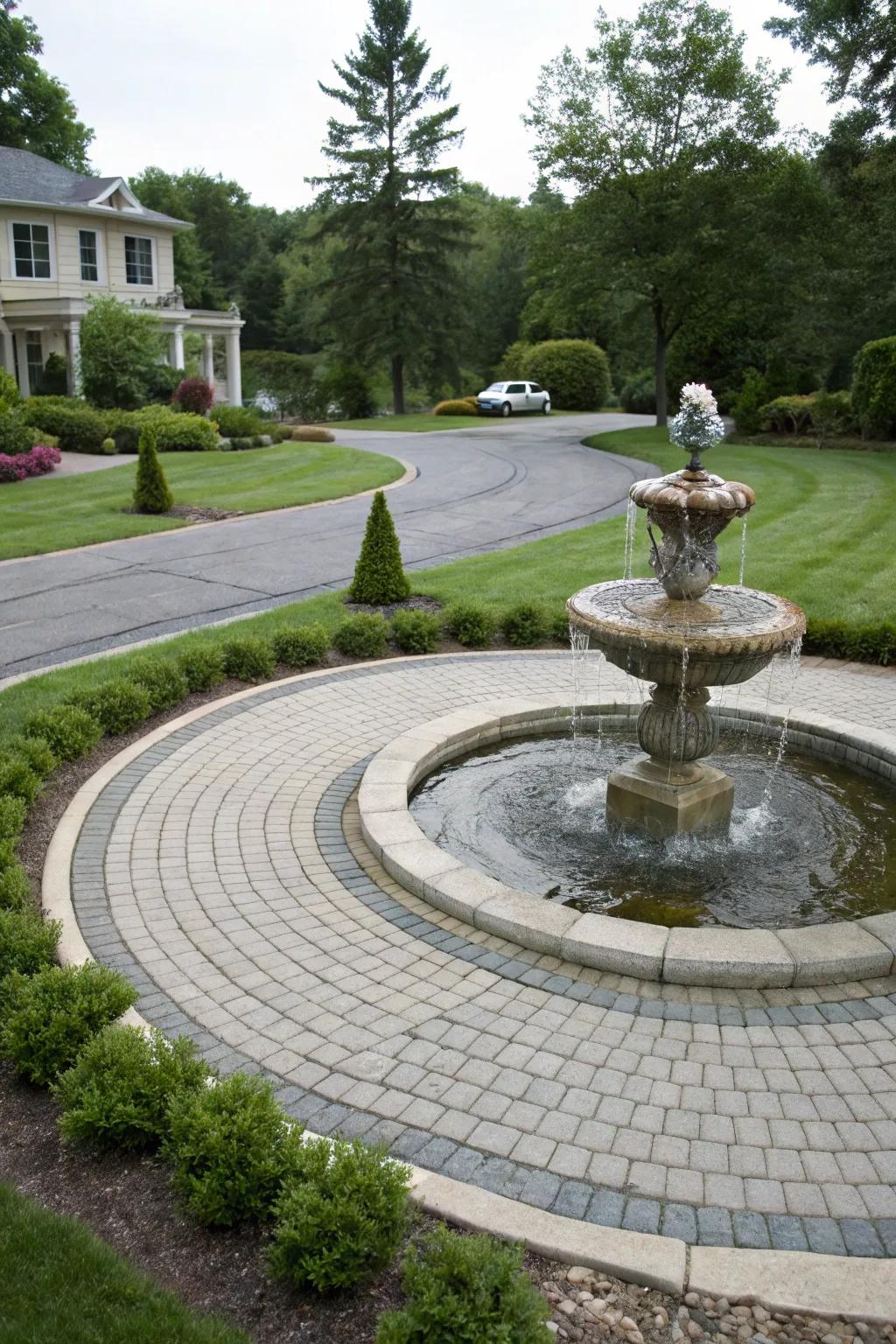 A central fountain adds elegance and provides a calming ambiance to your driveway.