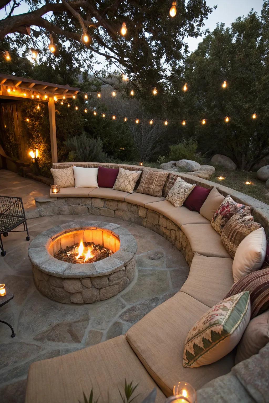 A sunken circular fire pit with comfortable seating, perfect for cozy evenings.