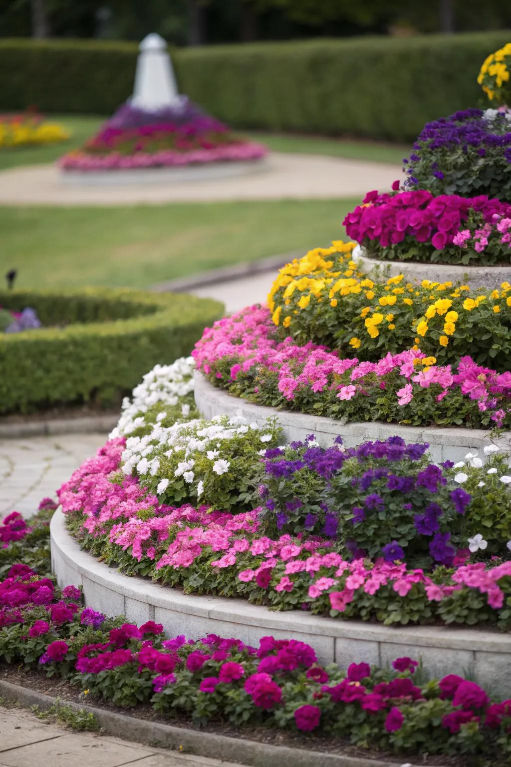 A multi-layered circular flower garden showcasing diverse blooms.