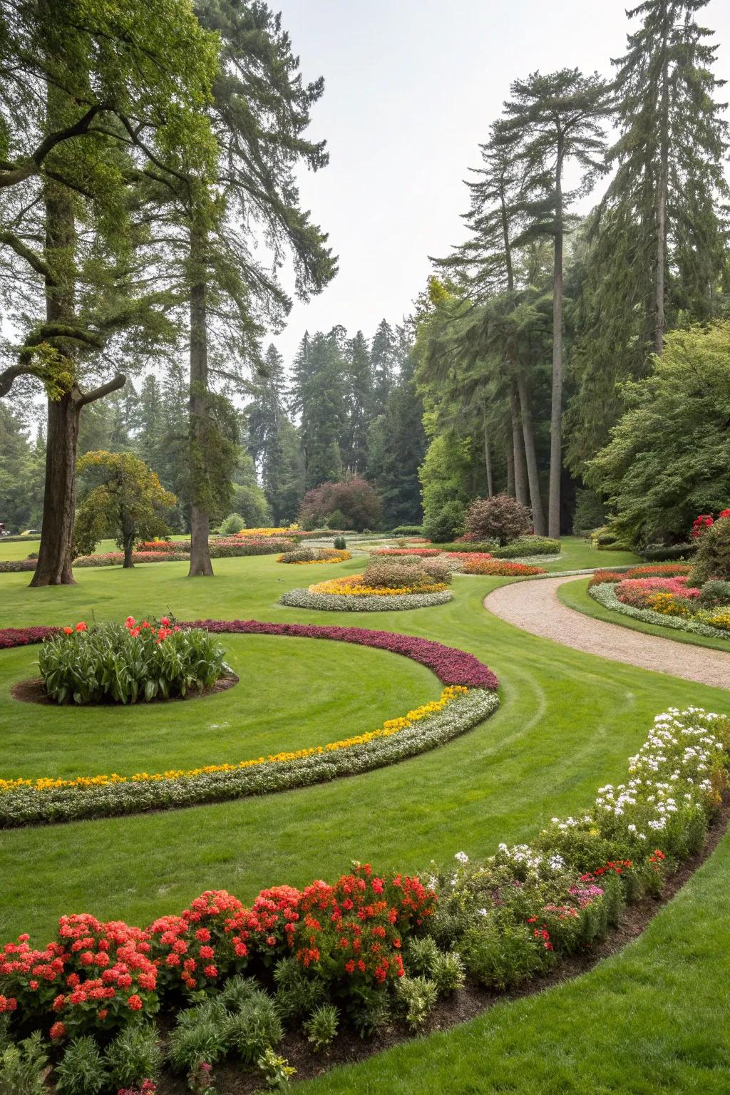 A circular lawn provides a lush, open space in the garden.
