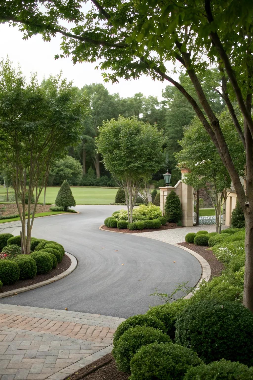 Lush trees and shrubs creating an inviting entrance.