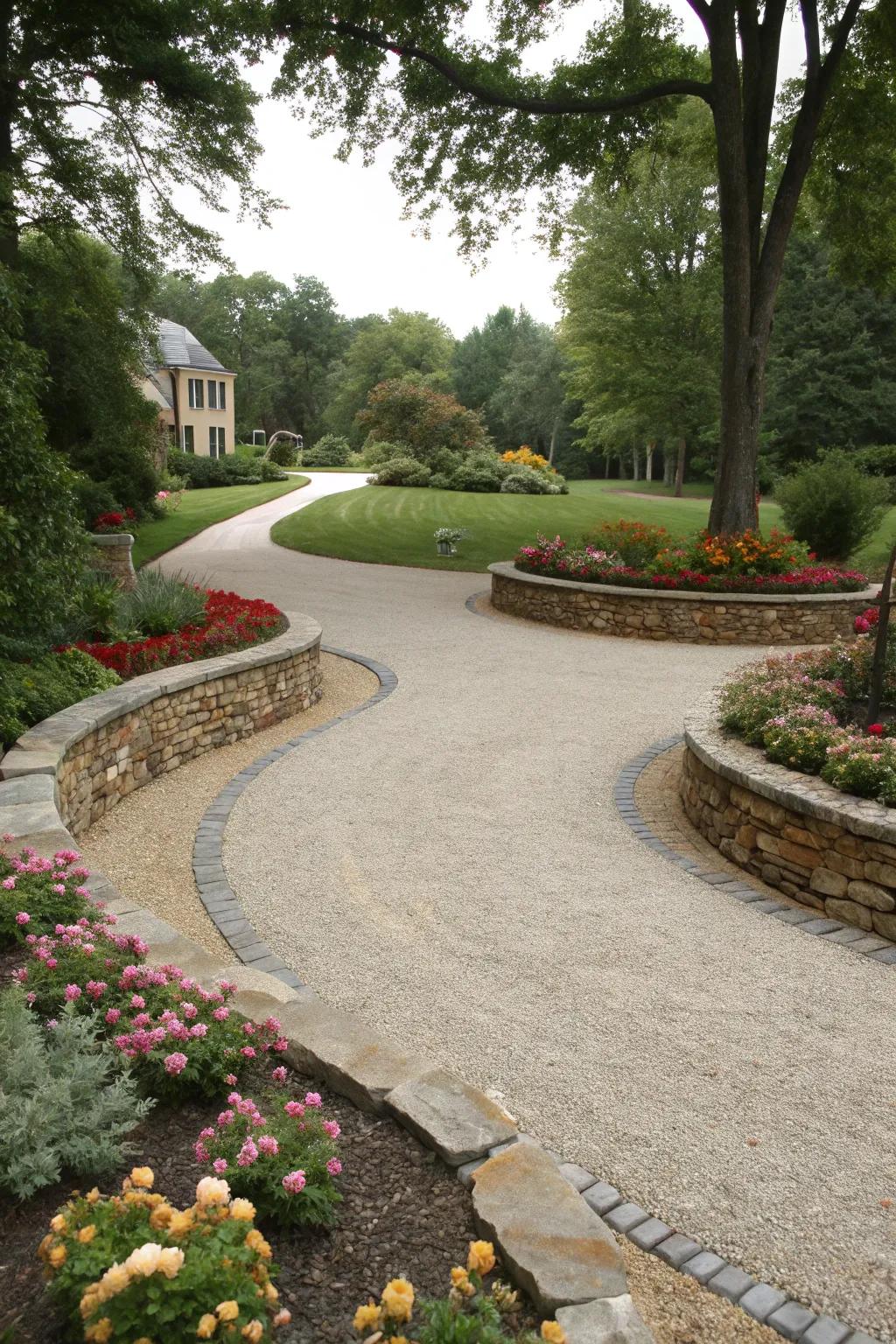 Gravel driveways with stone borders blend functionality with rustic aesthetics.