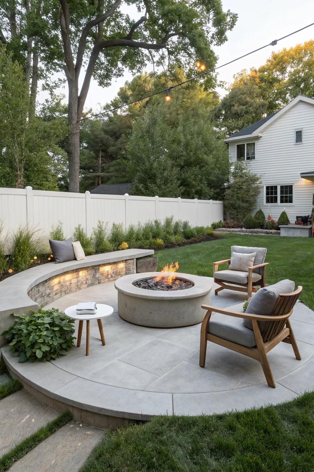Concrete fire pits provide a sleek, modern aesthetic.