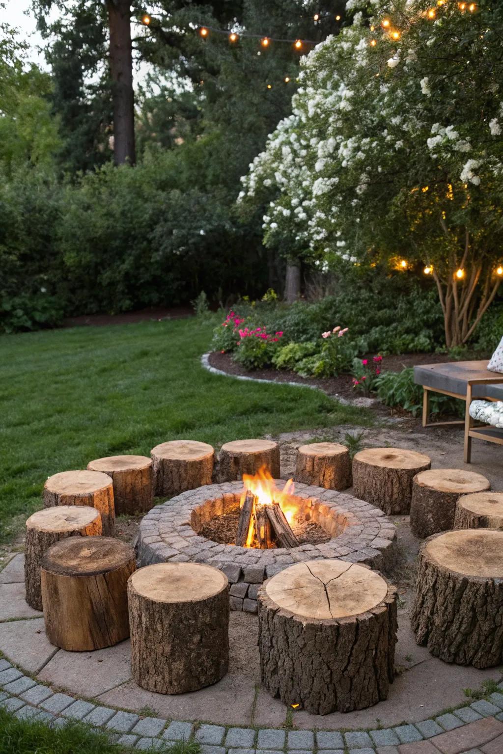 Tree stumps offer a rustic and natural seating option around a fire pit.