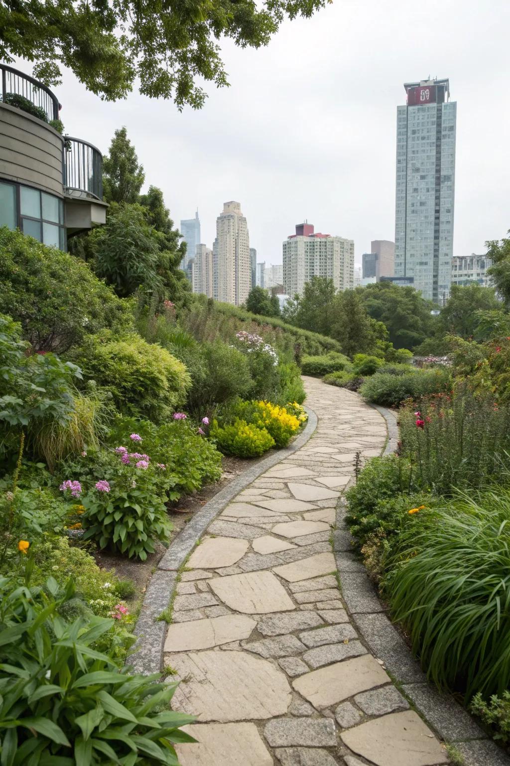 A charming stone pathway meandering through a lush city front yard.