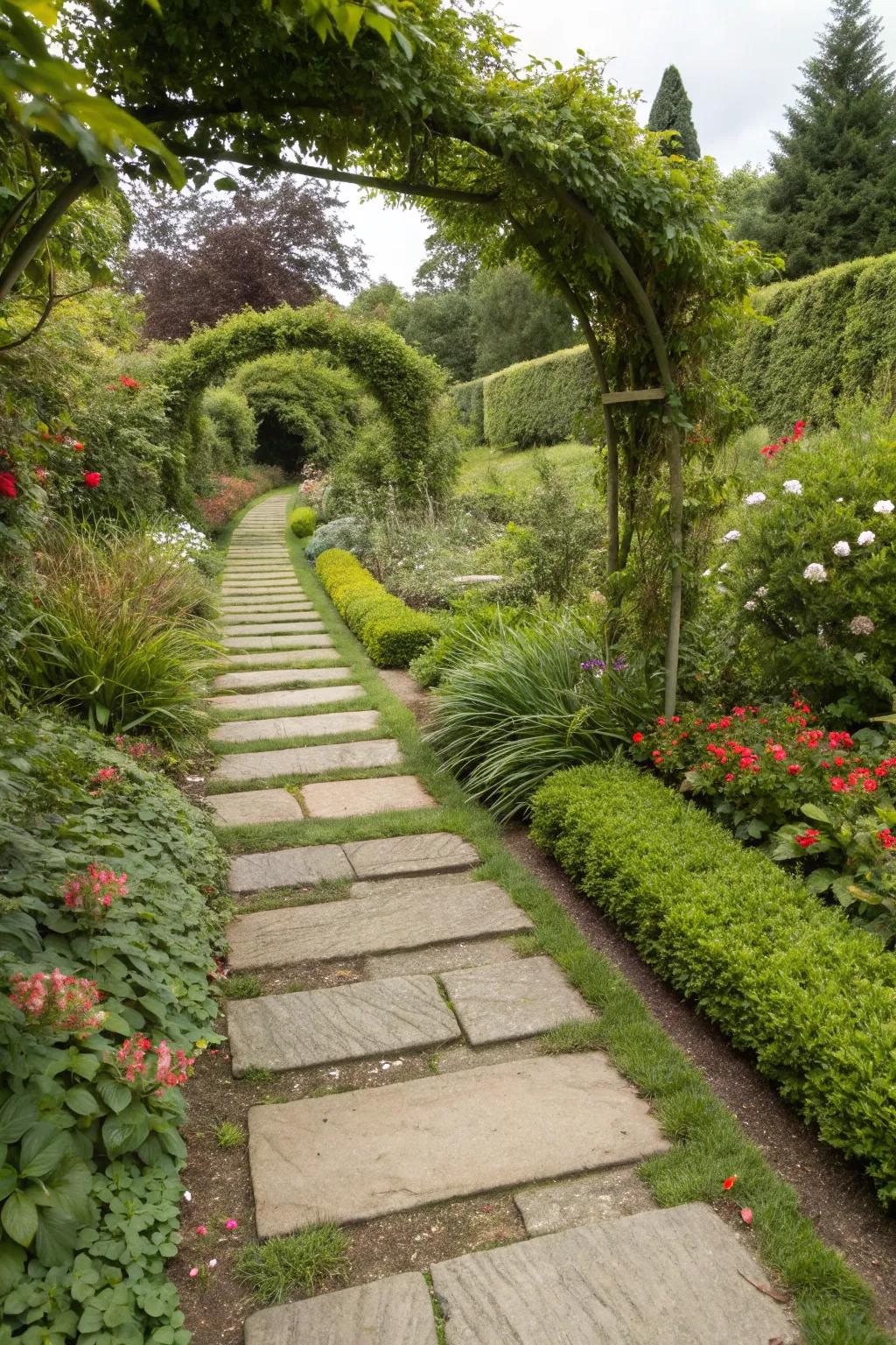 A structured garden pathway made of stepping stones, leading through a tidy garden.