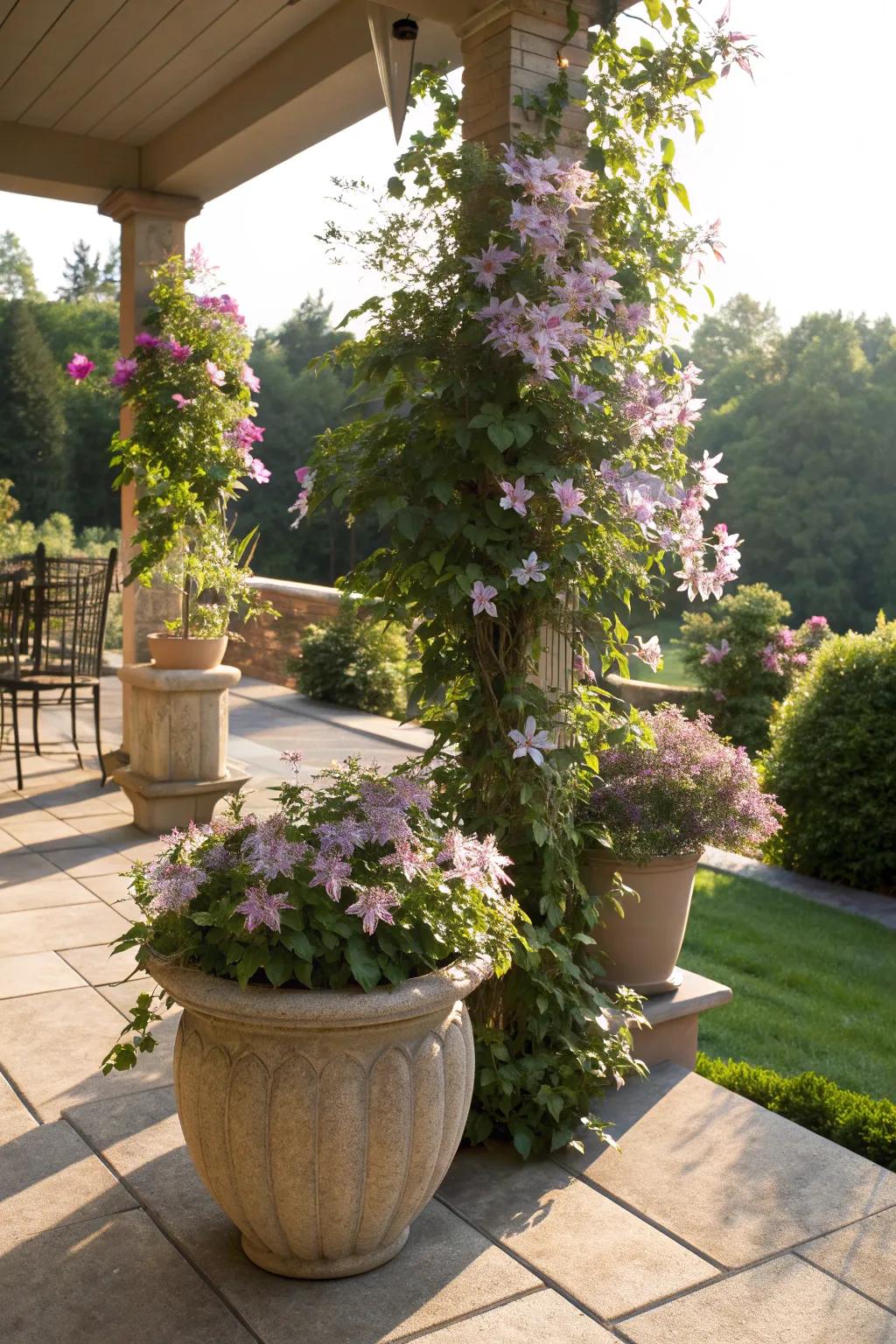 Clematis thriving in stylish containers on a cozy patio.