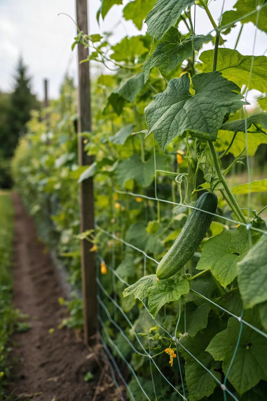 Wire fencing elevating cucumbers for easy harvesting.