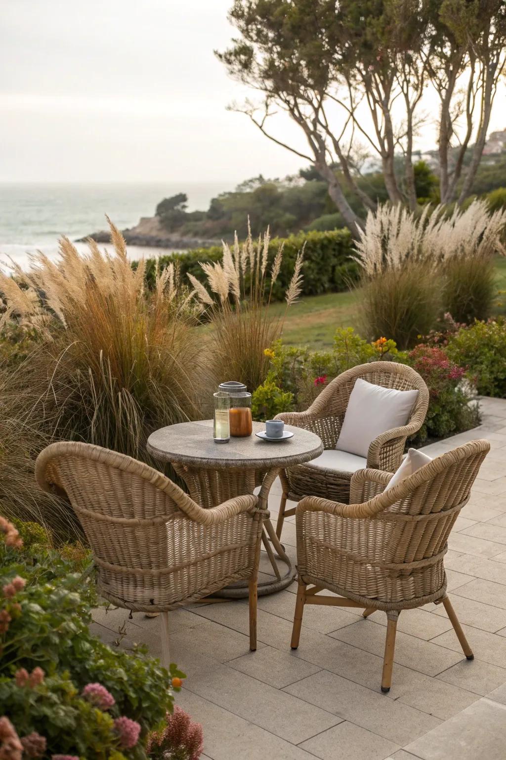 Relax in a cozy seating area amidst your coastal garden.