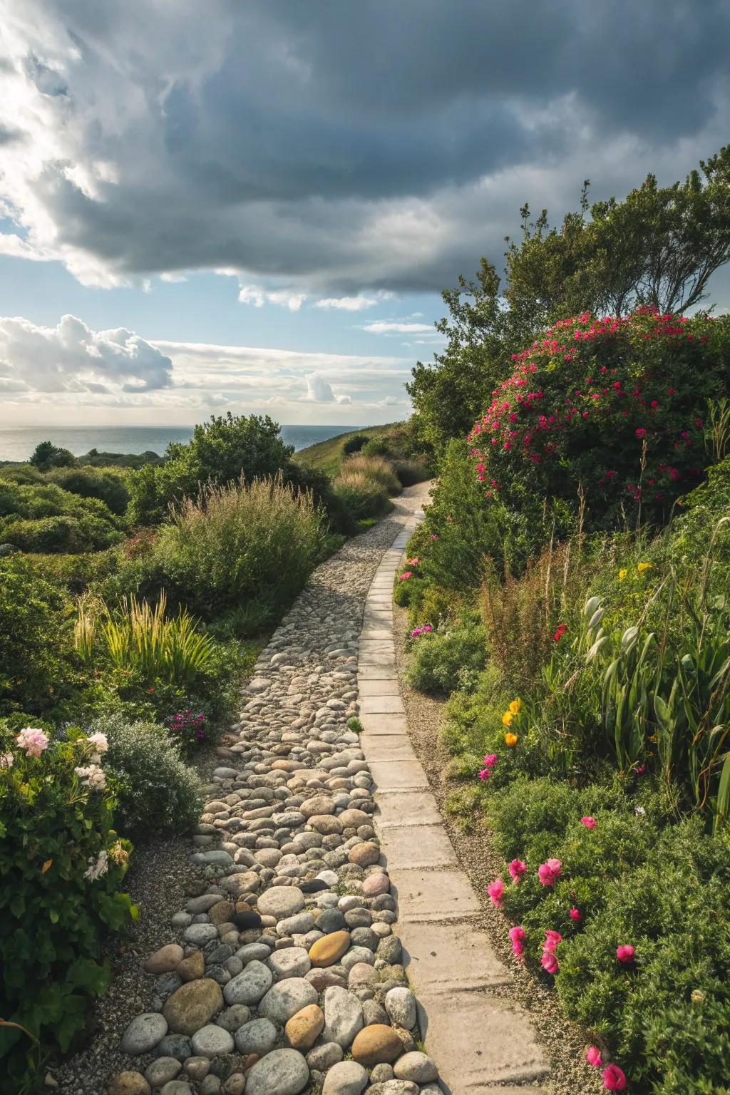 A pebble pathway meandering through a coastal-themed garden.