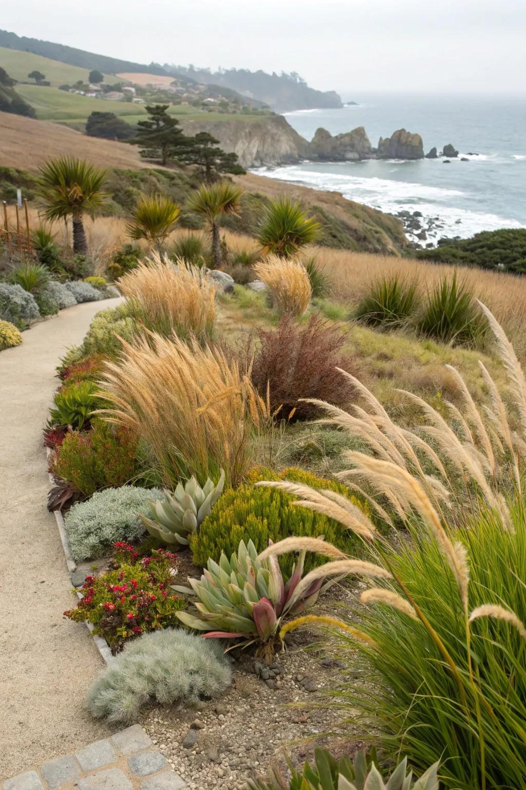 Drought-tolerant plants thriving in a coastal environment.