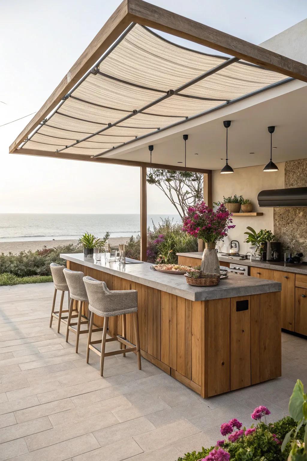 Open-air kitchen with a retractable canopy.