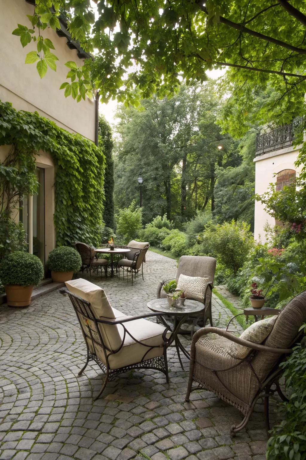 An elegant cobblestone patio for gatherings.