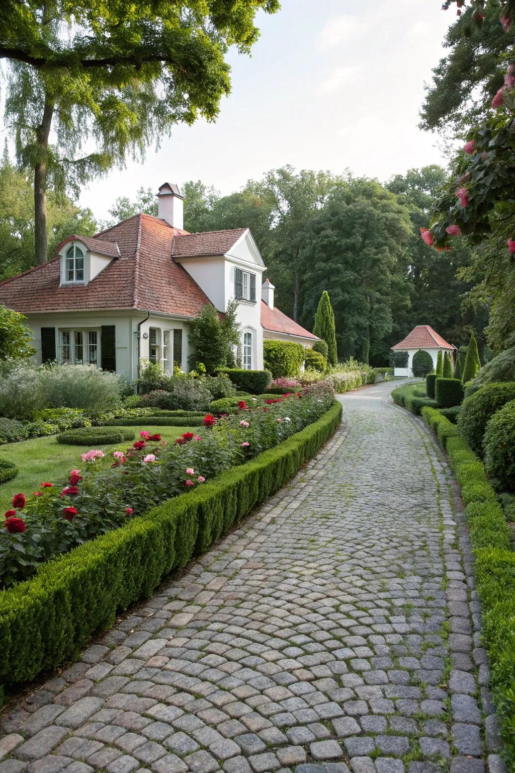 A cobblestone driveway that adds timeless elegance to a home.
