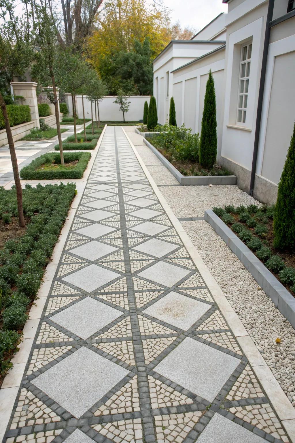 A modern cobblestone pathway with sleek geometric patterns.