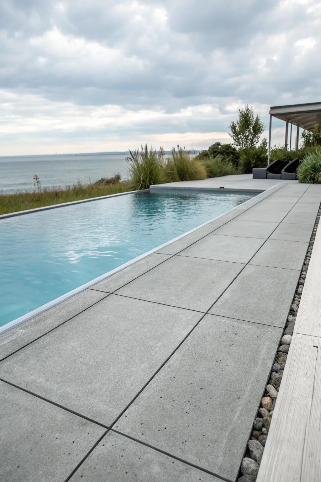 Gray concrete decks add a touch of modern sophistication.