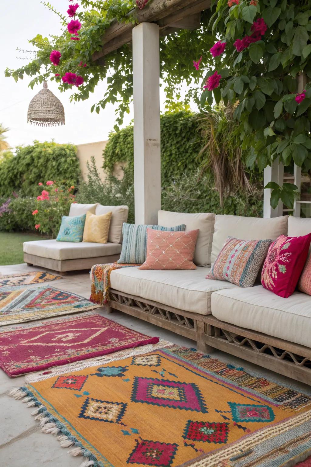 Textured rugs and pillows add a pop of color.