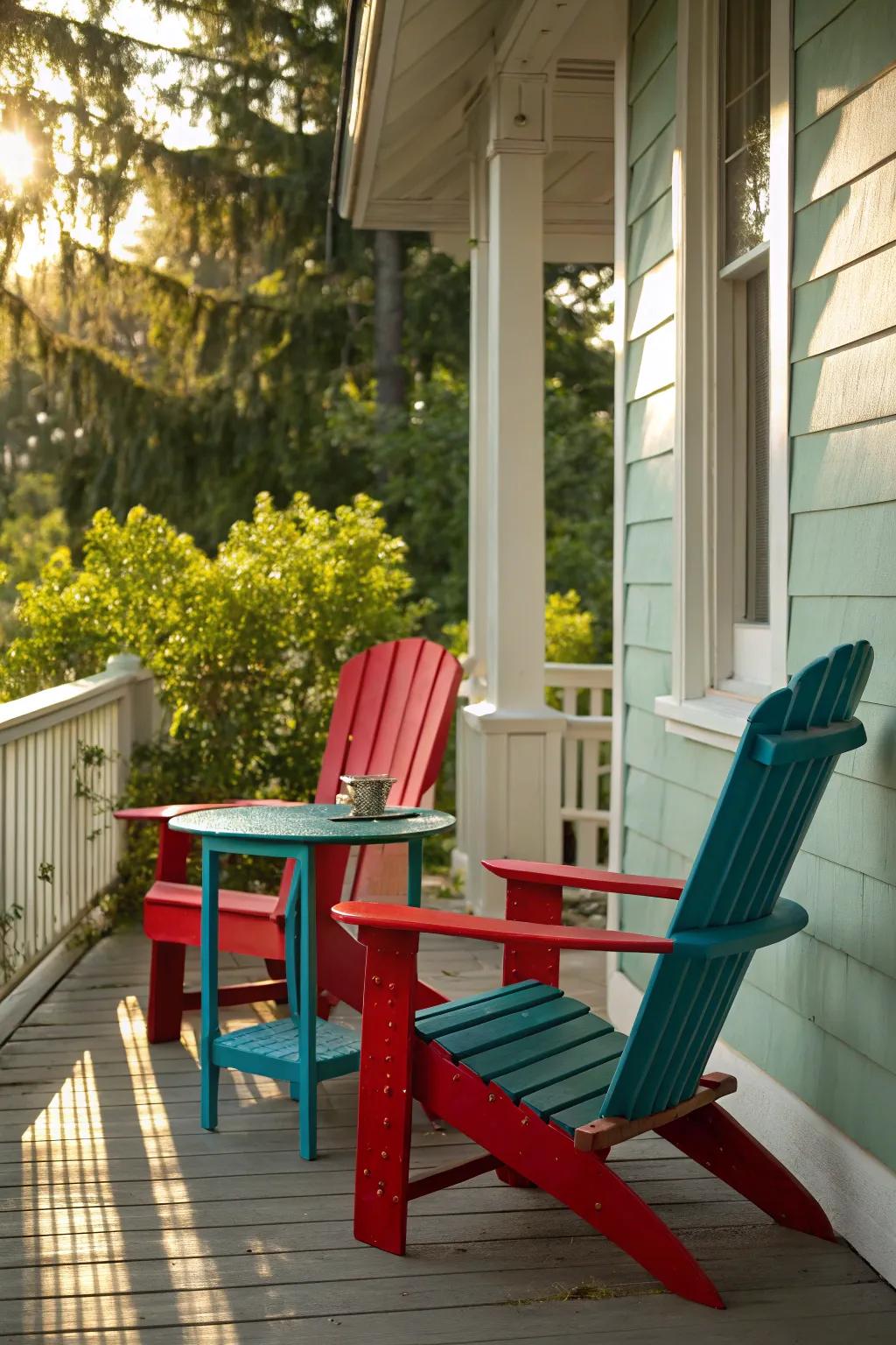 Porch with bold red and teal painted chairs and a small table, set against a backdrop of greenery.