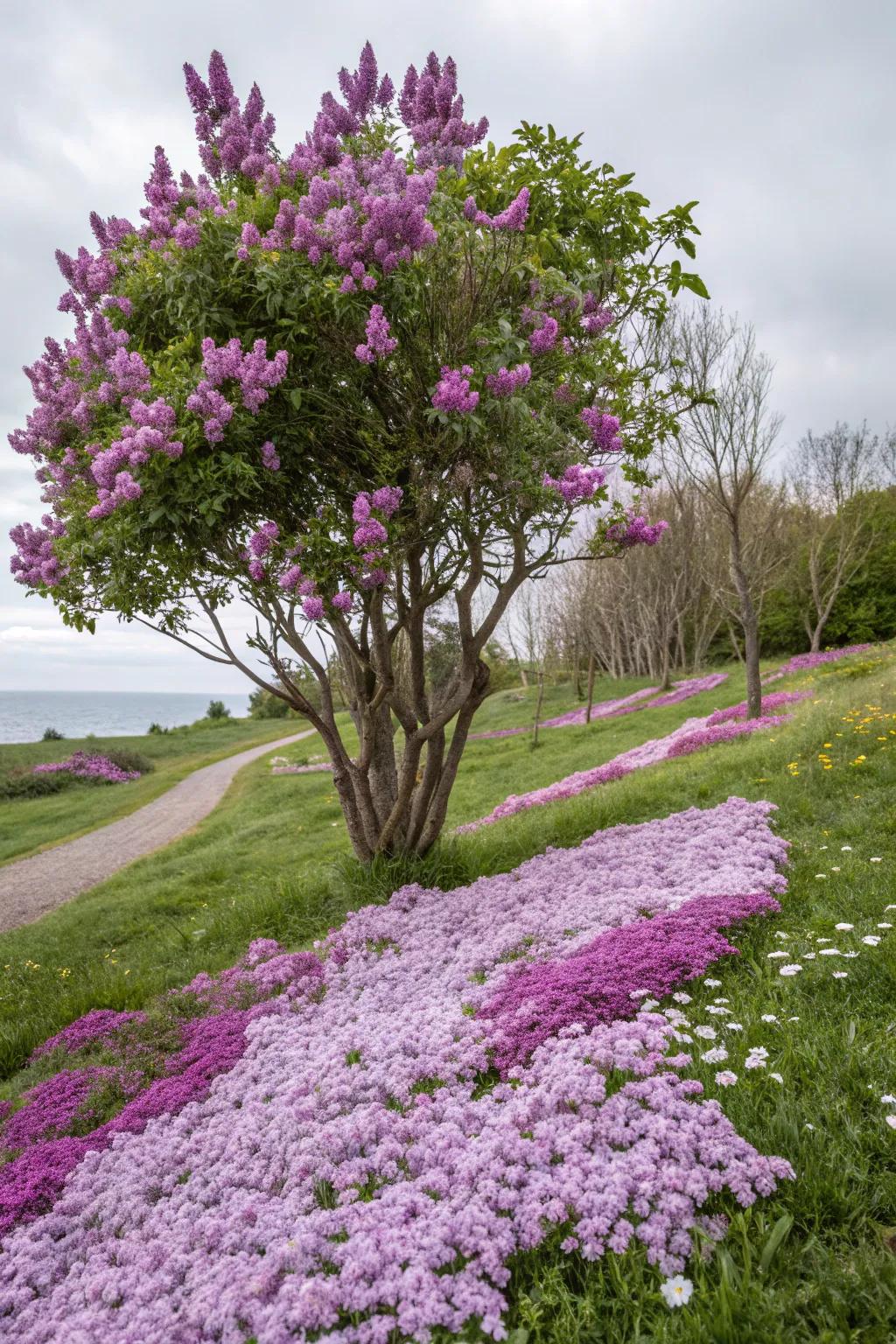 Creeping phlox adds a vibrant carpet below lilac bushes.