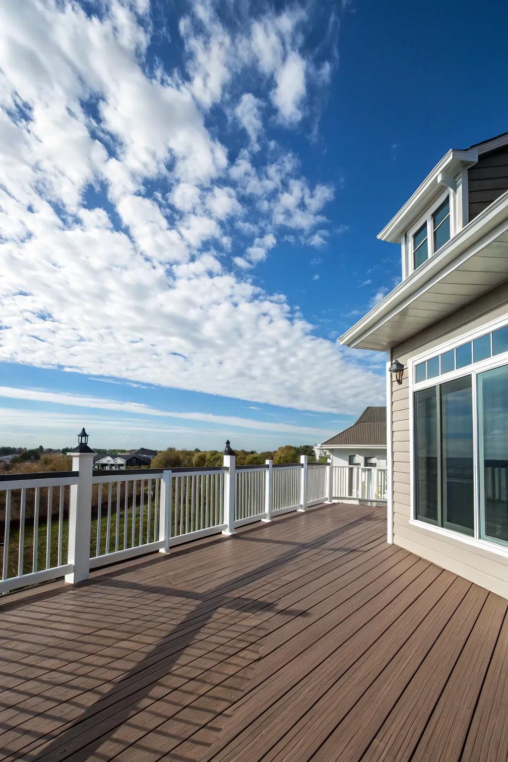 Composite deck adorned with contrasting fascia, standing out against the sky.